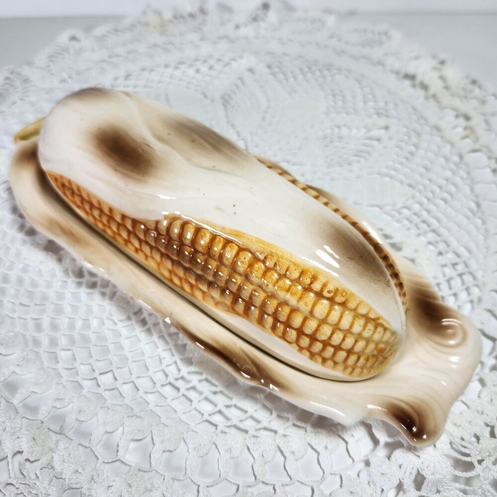 Vintage Butter Dish Corn on the Cob Shaped Covered Tan and Yellow Made In Japan
